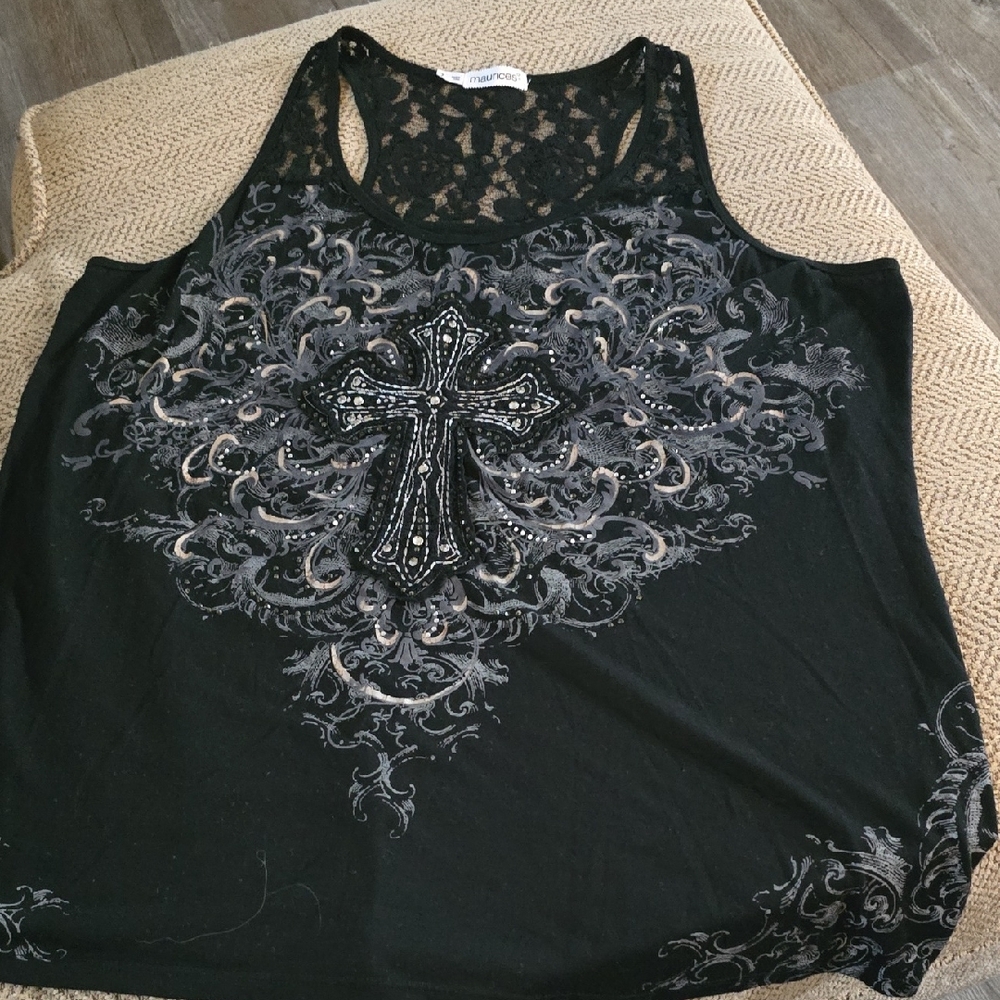 Maurices Black Graphic Embellished Sleeveless Tank Top